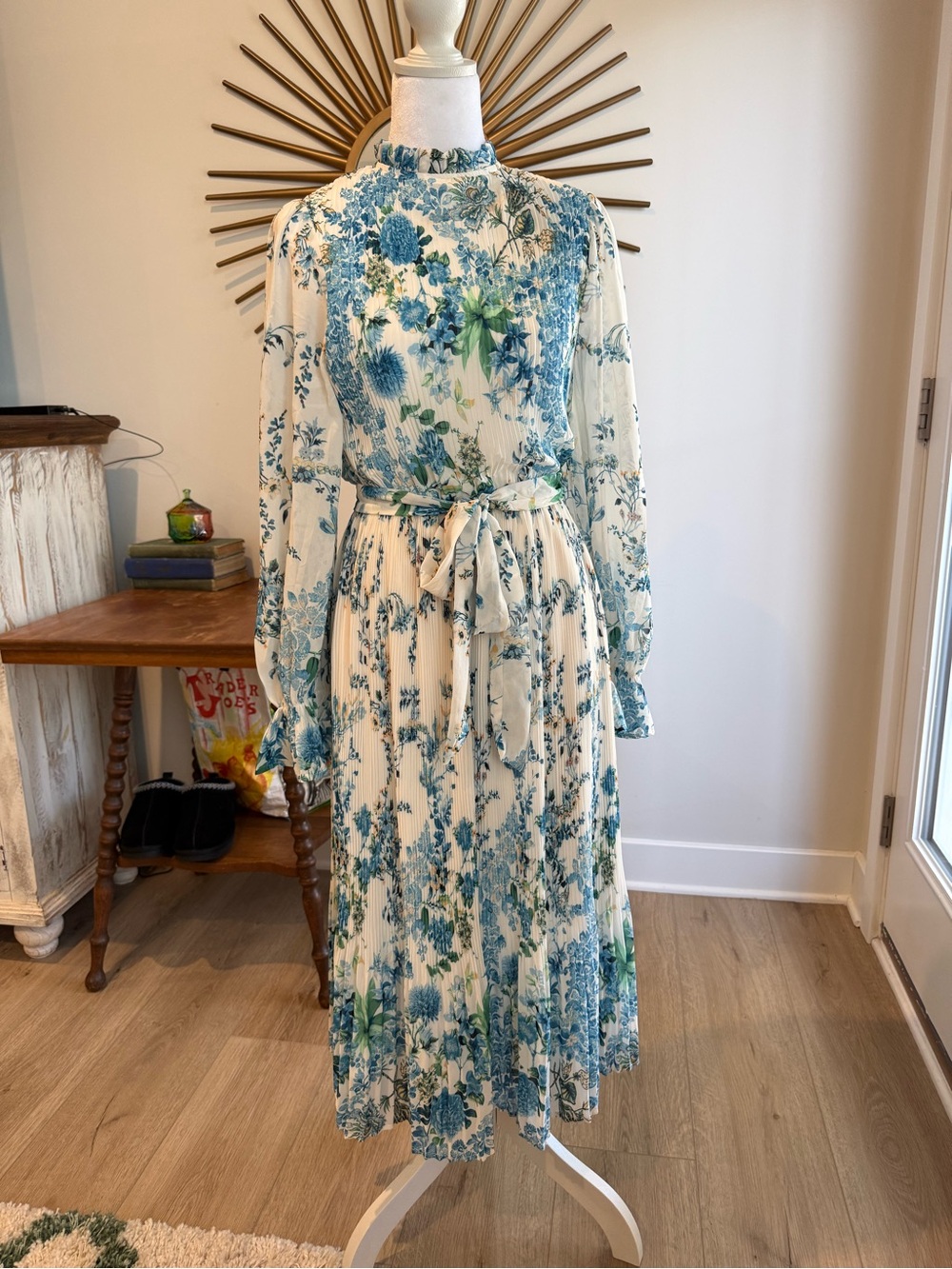 Vici Cream Midi Dress Blue Floral Print Tie Waist Long Sleeve NWOT never worn
